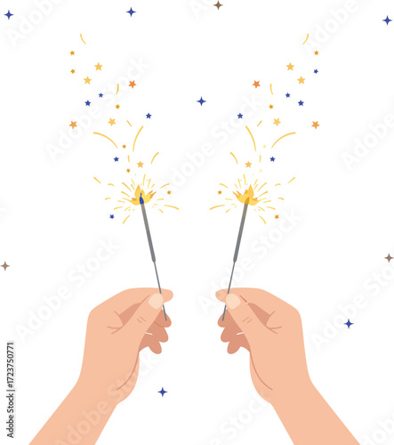 Hands holding two sparklers with fireworks and stars bursting into the night sky, symbolizing celebration, festivity, happiness, and joy on holidays like Diwali.