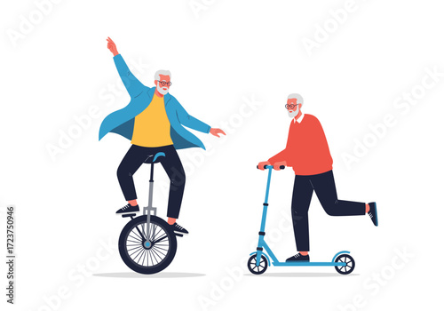 Elderly men enjoy riding different wheeled vehicles on a white background.