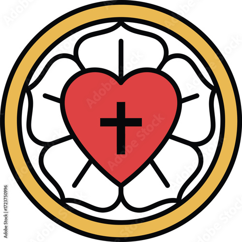 Luther Rose symbol with a red heart, black cross, and white petals surrounded by a golden ring, representing Christian faith, hope, and eternal salvation.