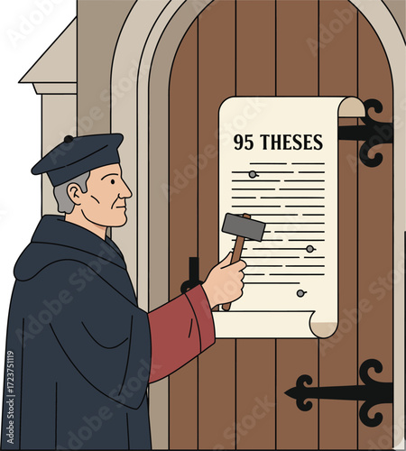 Martin Luther nailing his 95 Theses to the church door, symbolizing the start of the Reformation, theological challenge, and religious freedom.