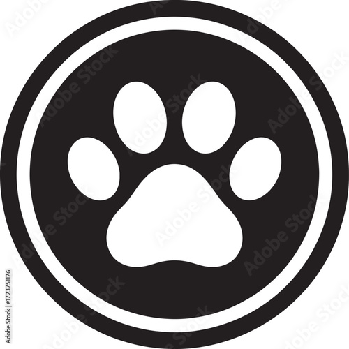 White paw print inside a black circle on white background animal