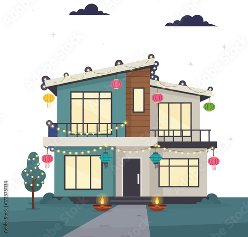 Modern house decorated with glowing string lights, festive lanterns, and traditional diya oil lamps, celebrating Diwali, the Hindu festival of lights and happiness.