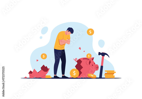A person looks sadly at a broken piggy bank and coins.