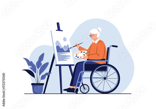 An elderly woman in a wheelchair is painting a landscape artwork.