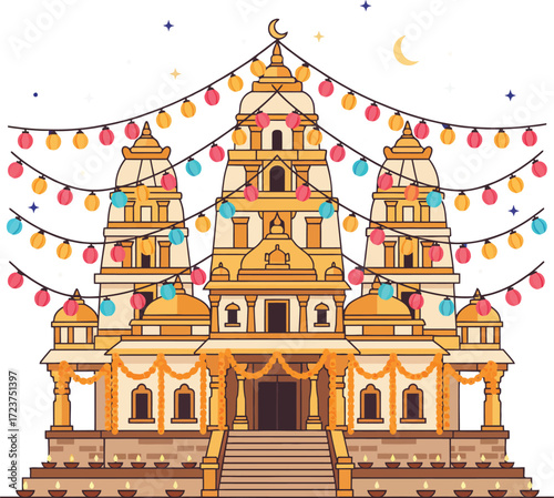 Ornate Hindu temple beautifully decorated with string lights, floral garlands, and glowing diya lamps at night, symbolizing Diwali celebration and spiritual devotion.