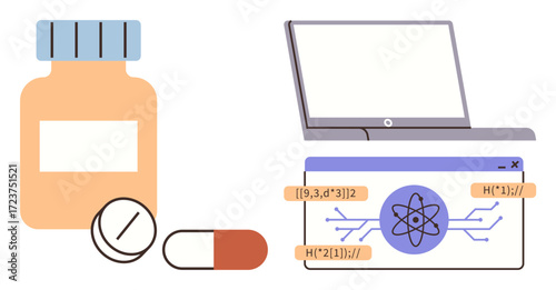 Pill bottle, capsules, and tablets alongside laptop and scientific data visualization, symbolizing pharmaceutical research, medical technology, innovation, analysis, healthcare, drug development