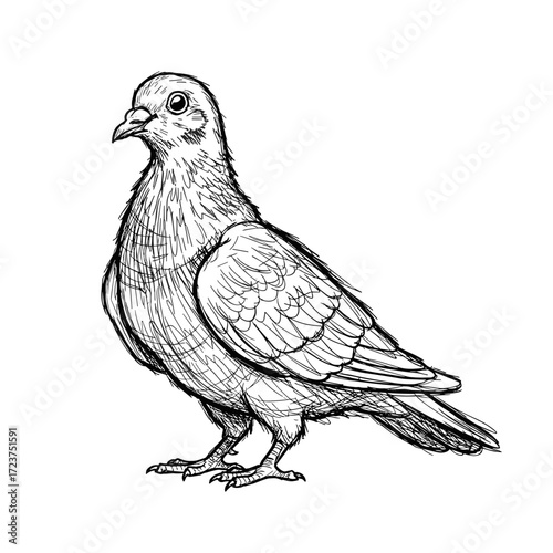 Detailed sketch of a standing pigeon in profile view  