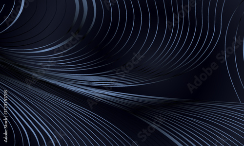 Abstract luxury background with flowing metallic curved lines. Dynamic dark blue texture design for a premium cover or banner
