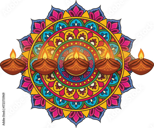 Vibrant multicolored mandala with five glowing diya oil lamps, symbolizing the Hindu festival of lights, Diwali, bringing happiness, prosperity, and spiritual enlightenment.