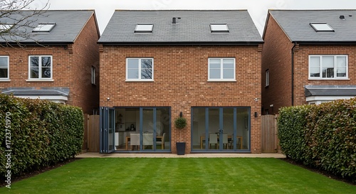 Highworth avenue cambridge england - march 1 2019: modern contemporary brick three storey suburban city home with bifold patio doors and simple landscaped garden.