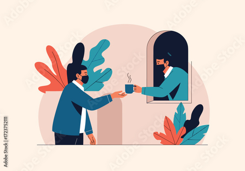 People giving and receiving a coffee cup through a window during a pandemic.