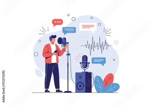 A man records his voice using a microphone and phone for audio production.