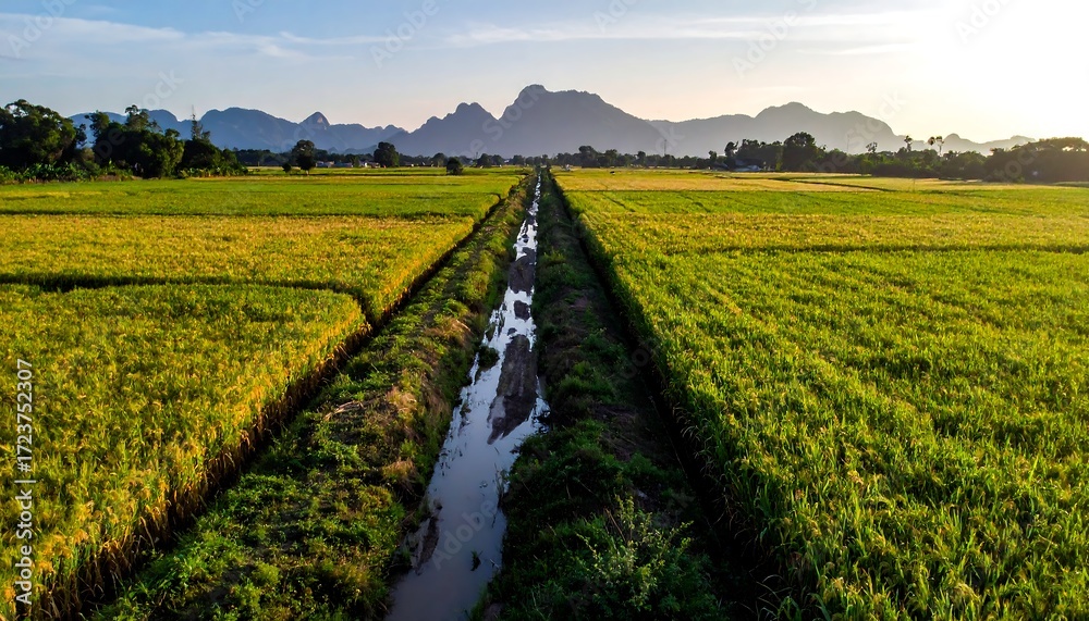 Naklejka premium Aerial view of rice fields, a waterway, and distant mountains bathed in golden sunlight. Vivid green hues, and a clear sky