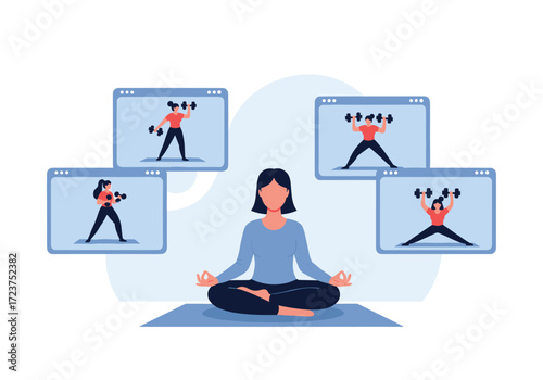 Woman meditating while watching online fitness classes from home.