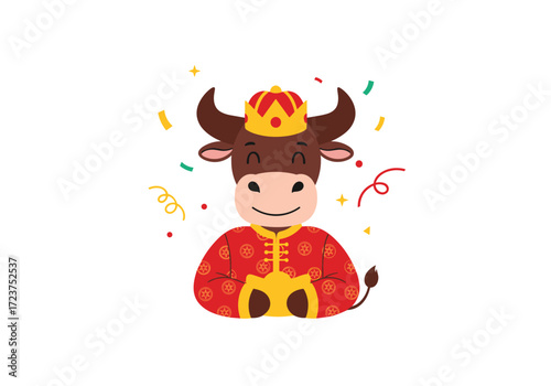 A happy ox in traditional Chinese attire wearing a golden crown.