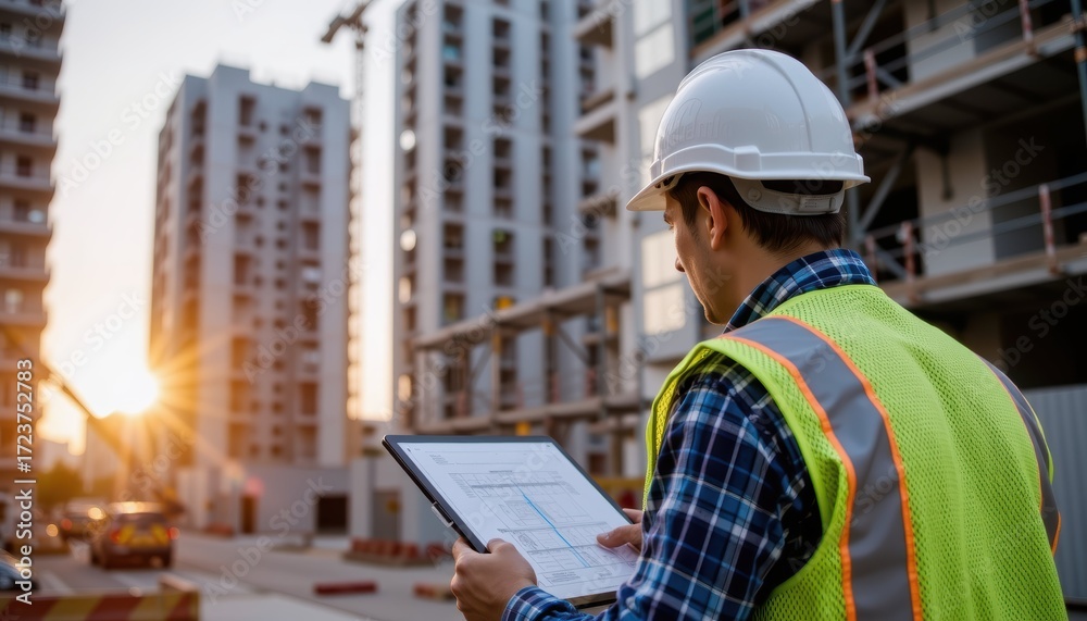 Fototapeta premium Construction Site Supervisor in Professional Vest Using Tablet at Urban Development Evening Review of Plans