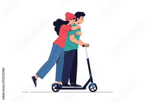 A couple rides together on a scooter as the woman hugs the man from behind