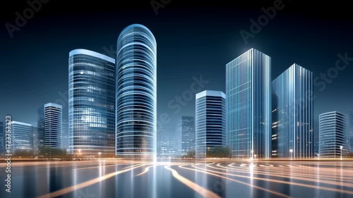 Futuristic modern city skyline night with illuminated glass skyscraper and motion light trails conveying energy and modernity, modern glass office
