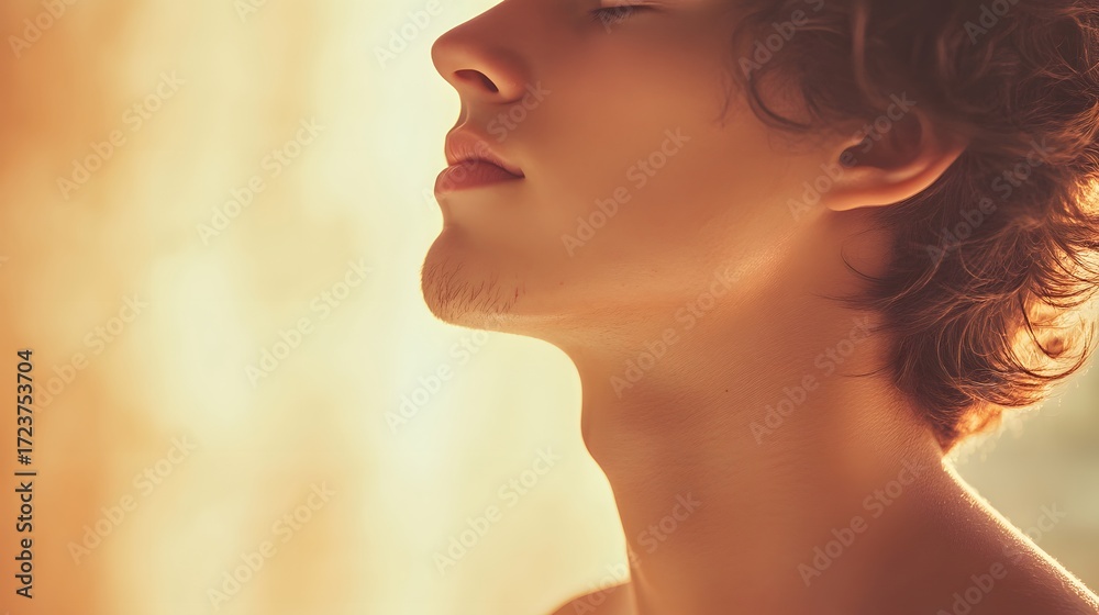 Fototapeta premium Portrait of young man with curly hair looking up in golden light relaxation and wellness concept image