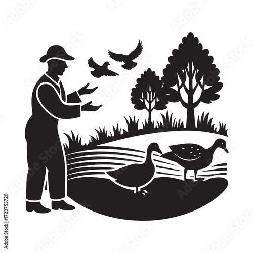 Farmer Feeding Hungry Ducks Silhouette Scene