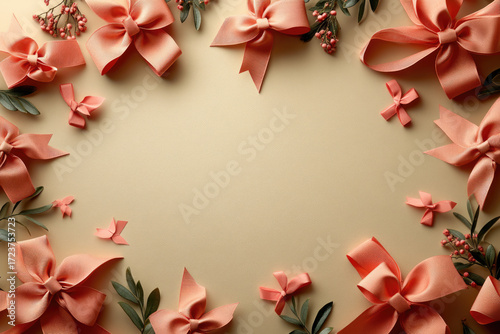 Decorative Gift Packaging with Scattered Red Ribbons and Bows