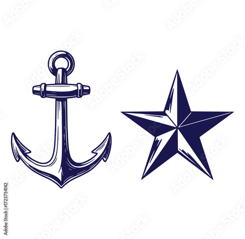 Nautical anchor and star illustration design in blue ink outlines for design purposes