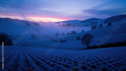 A Winter's Dawn in the Misty Hills, Snow-Covered Fields and Silh