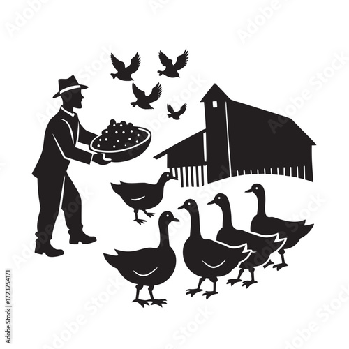 Man Feeding Goose In Farm Silhouette Design