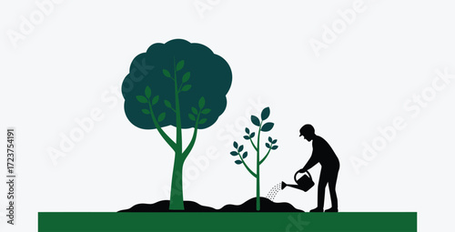 Silhouette of a gardener watering young trees for ecological sustainability