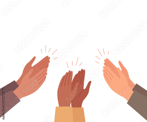 Hands clap, applause and appreciate multicultural group of people. Congratulations, support, thanksgiving, feedback. Vector illustration