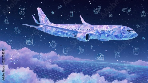 A stylized plane, crystalline in design, soars through a starry night sky, with soft, pastel clouds and abstract icons