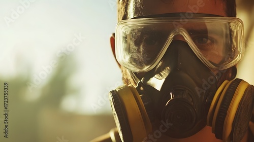Worker safety gear respiratory protection industrial hygiene goggles mask respirator close up portrait