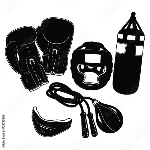 Black and White Boxing Equipment Illustration for Sports and Fitness