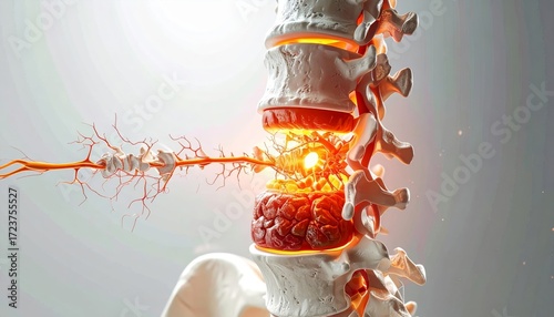 Spine and nerve compression with inflammation, medical anatomy illustration