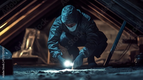 Attic inspection professional examining insulation with flashlight for damage or pest control issues