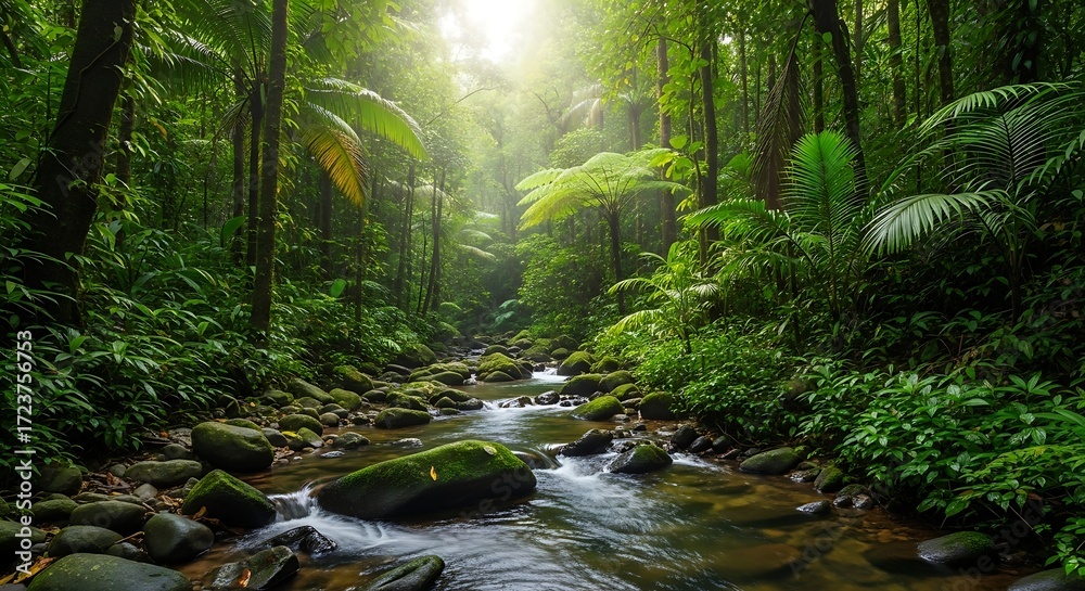 Obraz premium Lush Rainforest Stream - A Serene Journey Through Natures Embrace.