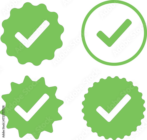 green checkmark icons in various badge shapes for approval, verification, validation and quality assurance