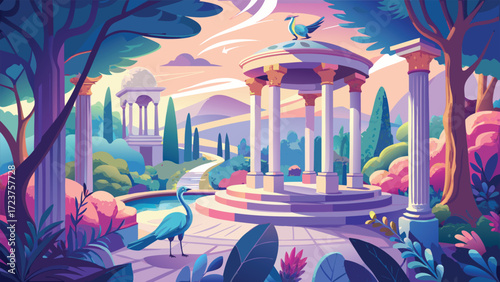 A colorful garden scene with a peacock displaying its feathers next to an elegant statue surrounded by blooming plants..eps