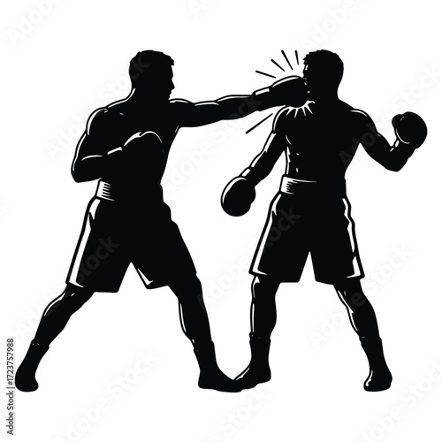 Boxing match with knockout punch black and white vector illustration