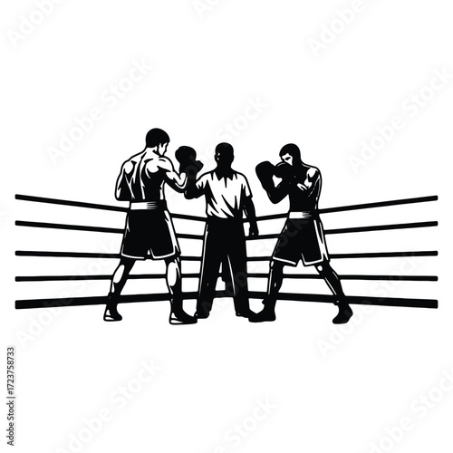 Boxing match illustration in a ring with a referee watching