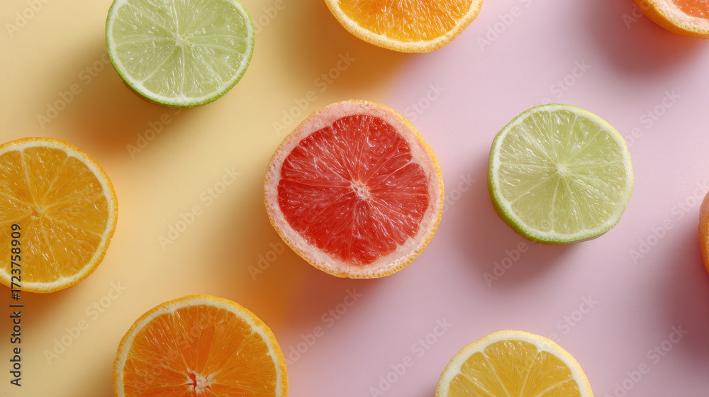 Fototapeta premium Slices of citrus fruits on pastel background create vibrant pattern