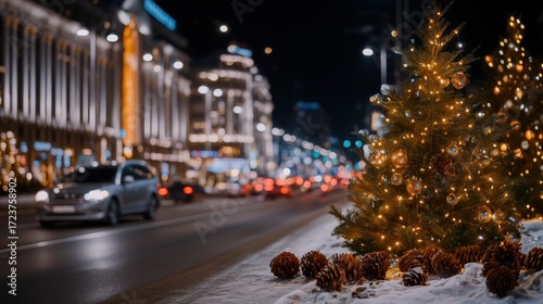 Festive Christmas Tree and Pinecones in Snowy City Street at Nig