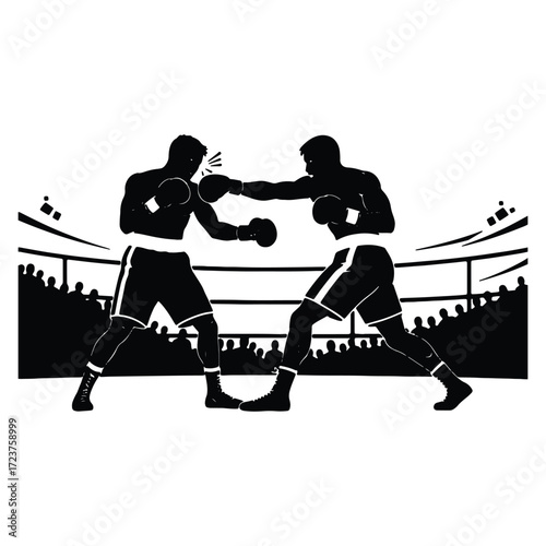 Intense Boxing Match Illustration Black and White Silhouettes of Fighters