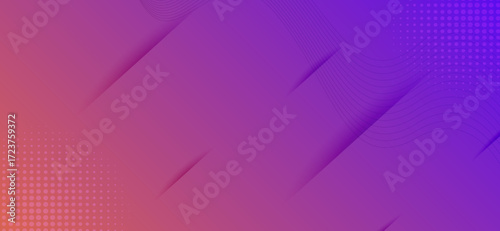 Abstract gradient background features diagonal geometric shapes, subtle wavy lines, and halftone dot patterns, blending vibrant hues of purple, violet, and warm orange creating depth