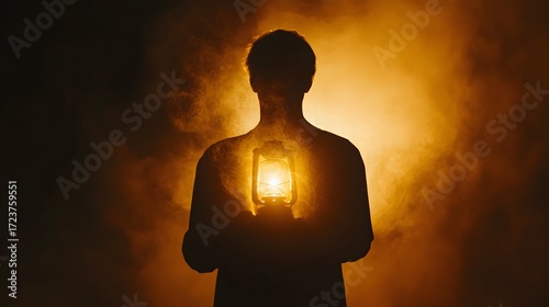 Silhouette man holding glowing lantern in dark atmosphere mystery light concept stock photo image art