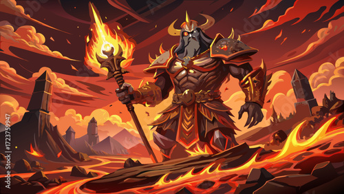 Amid volcanic cliffs and crimson skies, a lava-blooded fire giant raises a molten sword, magma rivers glow below, blackened ravens circle overhead—powerful Norse myth concept for bold vector artwork 