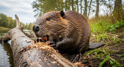 Beaver gnawing on log.