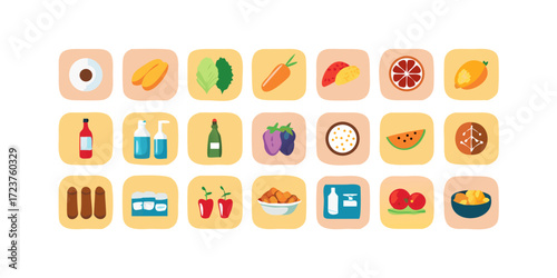 Grocery food and product categories line icon set with items like fruits, meat, pasta agent, contract, deal, estate, insurance, plan, real, rent, search, signs, budget, change, choose, garage, key, pu