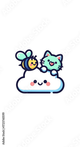 Cute cartoon bee and cat friends sitting on a happy cloud