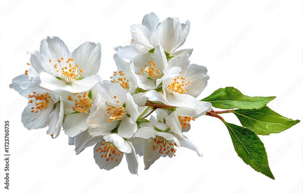 Obraz premium Close-up of a jasmine flower cluster against a white background. Several delicate white jasmine blossoms are arranged on a branch with vibrant green leaves.